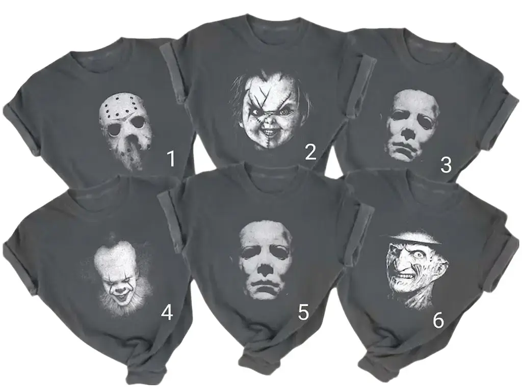Retro Horror Movie Characters Halloween Shirts, Matching Murders Halloween Party Tees, Myers Chucky Voorhees Freddy Pennywise Group Tees
