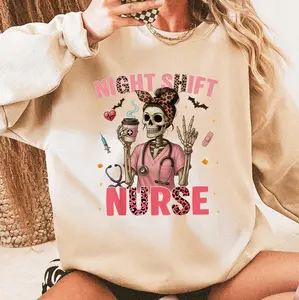 RN ICU Night Shift Nurse Skeleton Sweatshirt, Fall Leopard Bow Shirt, Cute Stethoscope NURSE Tee, Pullover Sweatshirts, 100% Classic Cotton, Gift For Her