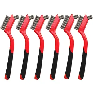 3/6pcs count Mini Wire Brush Set, Stainless Steel/Brass/Nylon Bristles Wire Brushes, Curved Handle Soft Grip for Rust, Dirt &  Scrubbing with Deep Cleaning - 7 Inches (Red)