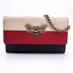 Pre-owned GUCCI Queen Margaret Chain Wallet Red Navy White GD Hardware