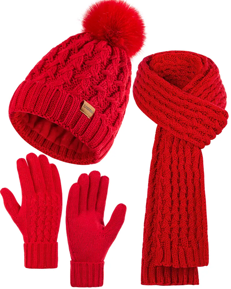 Red beanie with pompom and matching fingerless gloves Pompom Hat and Glove Set | Winter Beanie | Winter Hat  main image 4