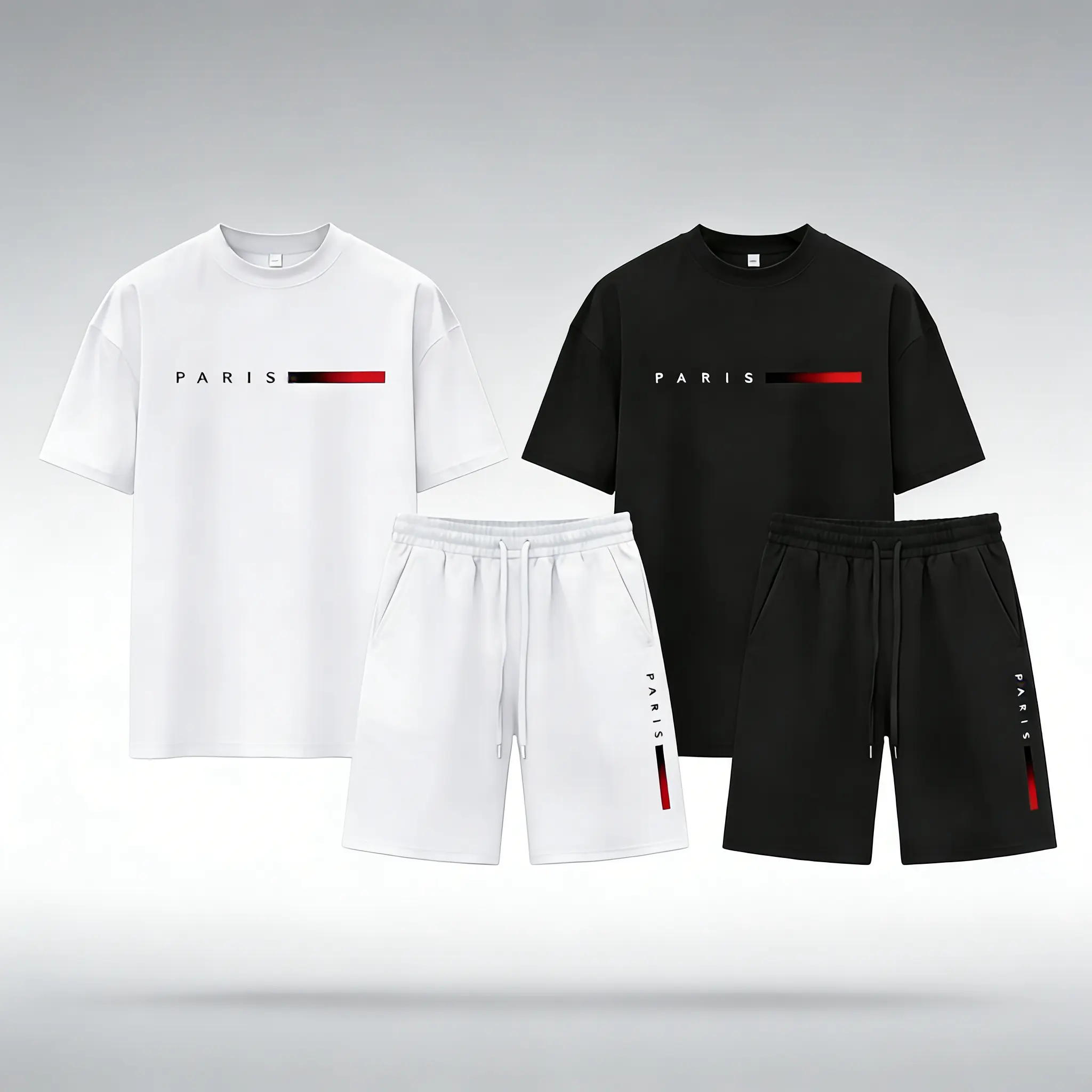 2 Sets Men's Paris Print 2 Piece T-Shirt & Shorts, Casual Streetwear Tracksuit