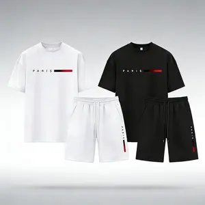 2 Sets Men's Paris Print 2 Piece T-Shirt & Shorts, Casual Streetwear Tracksuit