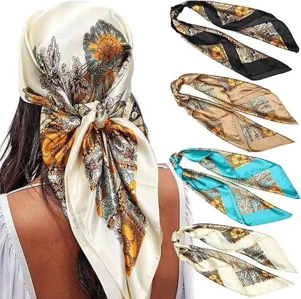 4 Packs 35" Satin Head Scarves for Women, Silk-like Hair Bandanas, Multiple Prints for Versatile Styling Across Headscarves, Bandanas, Ponytails, Neck Looks and Handbag Accents