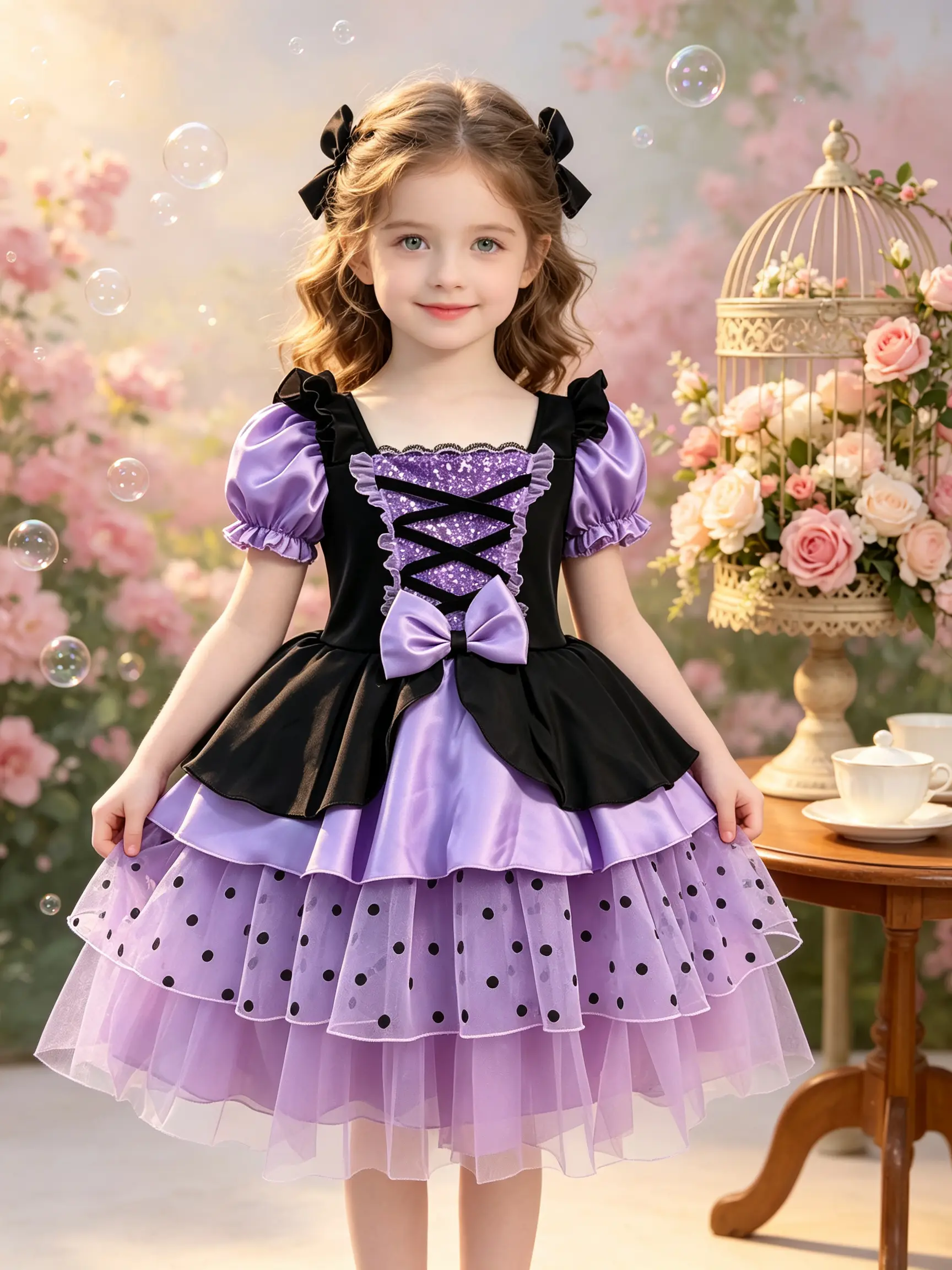 Girls' Black & Purple Puff Sleeve Lolita Princess Tutu Dress - Lace Square Neck, Cross Lace-Up & Bow Decor, Polka Dot Multi-Layer Cake Tulle Skirt - All Seasons Halloween Cosplay & Party Wear, Polka Dots, Elastane, Sweet Look, Soft Polyester, Multi-Layere