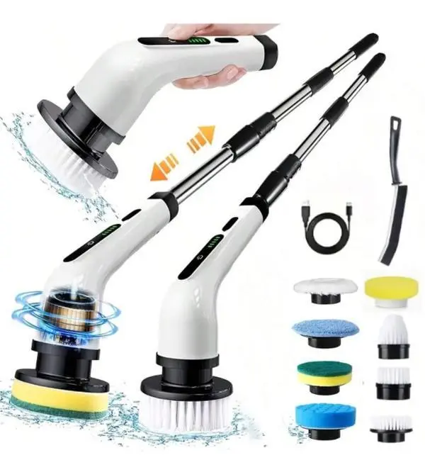 Cordless Electric Spin Scrubber with 9 Brush Heads - Extendable Power Scrubber for Bathroom & Kitchen