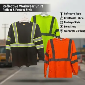 SG Summer Safety Long Sleeve Breathable Birdseye style Shirt with Reflective Tape - Uniform Men's Workwear Clothing for Operator Use - Man, Menswear Casual Crewneck