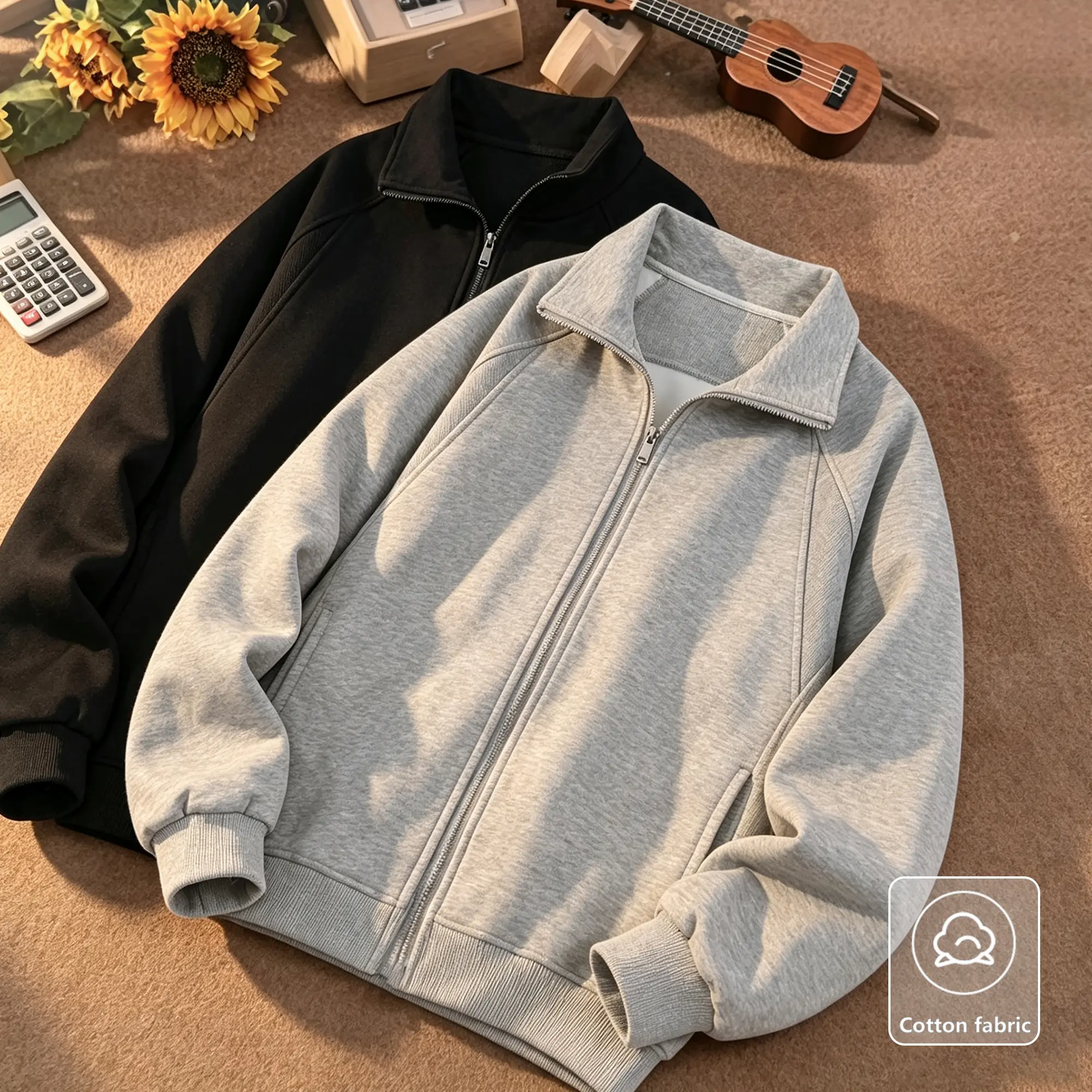 EKF men's zip-up sweatshirt jacket with raglan sleeves and stitched details, full-zip ribbed hem, cotton outerwear, minimalist retro street-style casual design