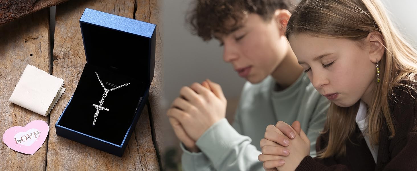 925 Sterling Silver Crucifix Necklace for Men Women, 2mm Sterling Silver Rolo Chain with Small or Large Crucifix Pendant, Jesus Crucifix Cross Necklace 16-24 Inches Christian Religious Jewelry Gifts