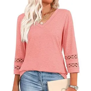 Women’s V Neck 3/4 Sleeve Lace Panel T-Shirt | 2026 Spring Casual Hollow Out Cuff Top