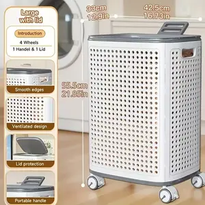 Foldable Laundry Hamper with Wheels, White PU Leather Clothes Basket, Portable Dirty Laundry Bin for Bathroom, RV, Balcony Storage