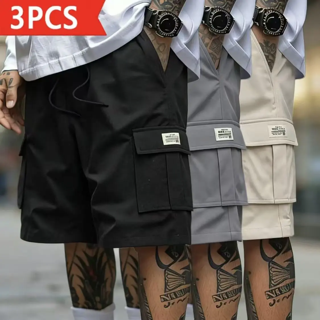 Men's 3-Pack Cargo Shorts Bundle - Heavy-Duty Ripstop Fabric, Utility Pockets, Adjustable Waist - Ideal for Hiking, Construction - Summer Value Set, Heavy‑Duty Fabric