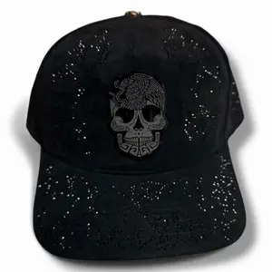 Fashion Black Skull Hat Snapback with Rhinestones Adjustable Fit Classic Design Cap