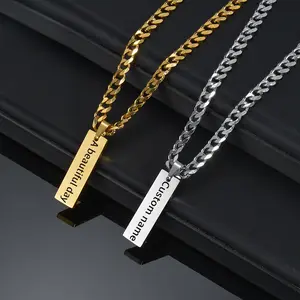 FF0049 New Store Opening||Custom Vertical Bar Necklace| Cuban Link Chain Personalized Pendant|Ideal for birthdays, graduations, or friendship gifts-engrave a meaningful word or name to make it a one-of-a-kind keepsake.