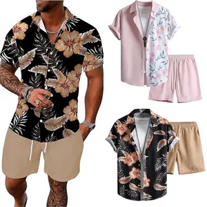 Men Hawaiian Palm Tree Matching Set Short Sleeve Button Down Shirt Drawstring Shorts Tropical Beach Vacation Outfit Coconut Tree Summer Casual Resort Wear Clothing Set Available XS Through 5XL