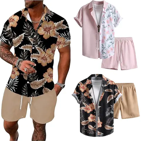 Men Hawaiian Palm Tree Matching Set Short Sleeve Button Down Shirt Drawstring Shorts Tropical Print Casual Outfit Coconut Tree Pattern 2 Piece Set Available 2XS Through 6XL