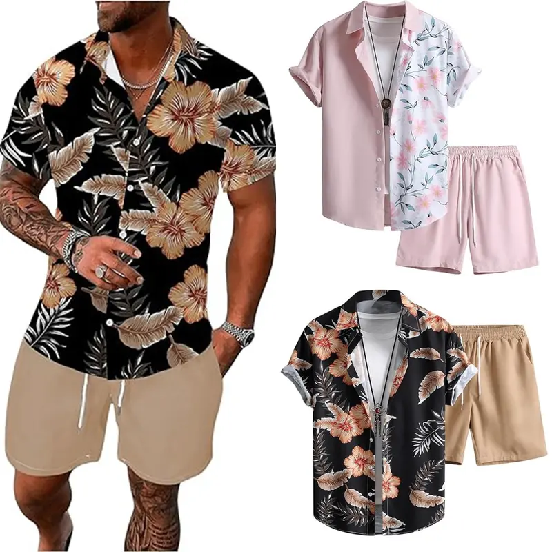 Men Hawaiian Palm Tree Matching Set Short Sleeve Button Down Shirt Drawstring Shorts Tropical Print Casual Outfit Coconut Tree Pattern 2 Piece Set Available 2XS Through 6XL