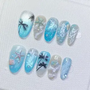 Summer Island Style Blue Cat Eye Nail Tips, 3D Starfish Shell Palm Decor, Transparent Gradient Wave Pattern, Medium-Length Almond Nails