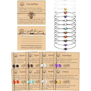 16 Pcs 8mm Crystal Bracelet Bulk with Wish Cards Set Adjustable Natural Gemstone Bracelet Bulk Friendship Bracelets Women Healing Crystal Stone Bracelets Braided Beaded Spiritual Jewelry Gifts