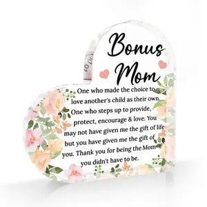 Bonus Mom Step Mom Christmas Gift, Mother's Day Birthday Present, Heart Acrylic Decoration Sign for Home Office Desk