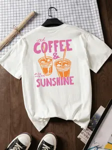 Iced Coffee Print T Shirt Women Sunshine Graphic Summer Tee｜Y2K Aesthetic Spring Street Style Streetwear 2026｜Casual City Wear Trendy｜Casual Graphic Tees Women｜Everyday Wear