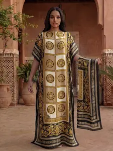 Women's Sexy Geometric Print Robe Set, Fitted Long Dress + Headscarf Scarf Hairband, Beach Sun Protection Satin Silk Shawl