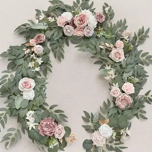 Artificial Eucalyptus Garland with Flowers 6FT, Wedding Table Garland with Flowers Handcrafted Wedding Centerpieces for Rehearsal Dinner Bridal Shower, Dusty Rose