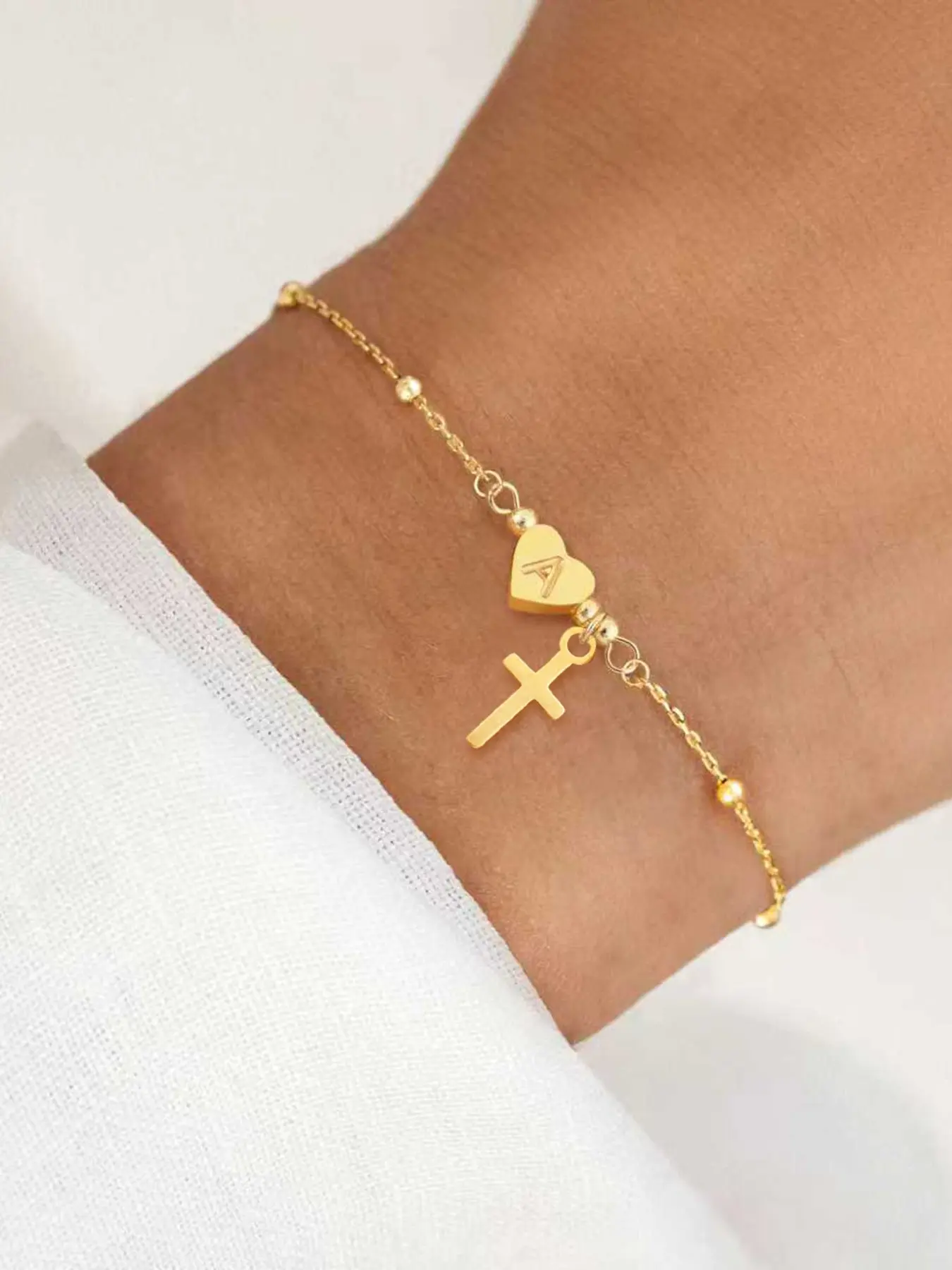 Women's Heart Initial Cross Pendant Bracelet, Trendy Jewelry, Xoxo Style Bracelet, Fashion Stainless Steel Beaded Chain, Casual Style, All Seasons