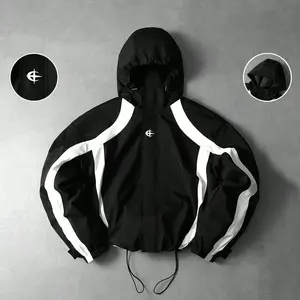American Vintage Colorblock Hooded Jacket Street Style Drawstring Design Casual Windproof Coat