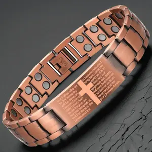 Pure Copper Magnetic Bracelet for Men Double Row Magnets Cross Pattern Low Allergy Jewelry Gift for Dad Grandpa Adjustable Length