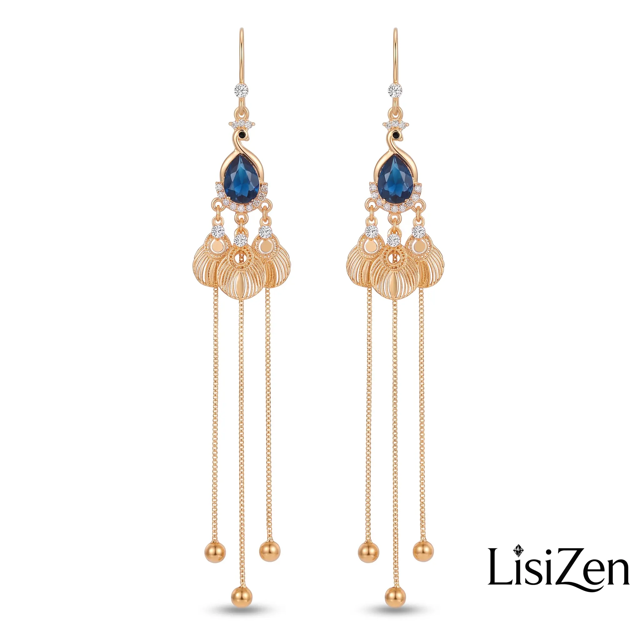 LisiZen New Fashion High-End Luxury Blue Crystal Peacock Earrings Long Phoenix Tassel Drop Earrings for Women DZEH5774
