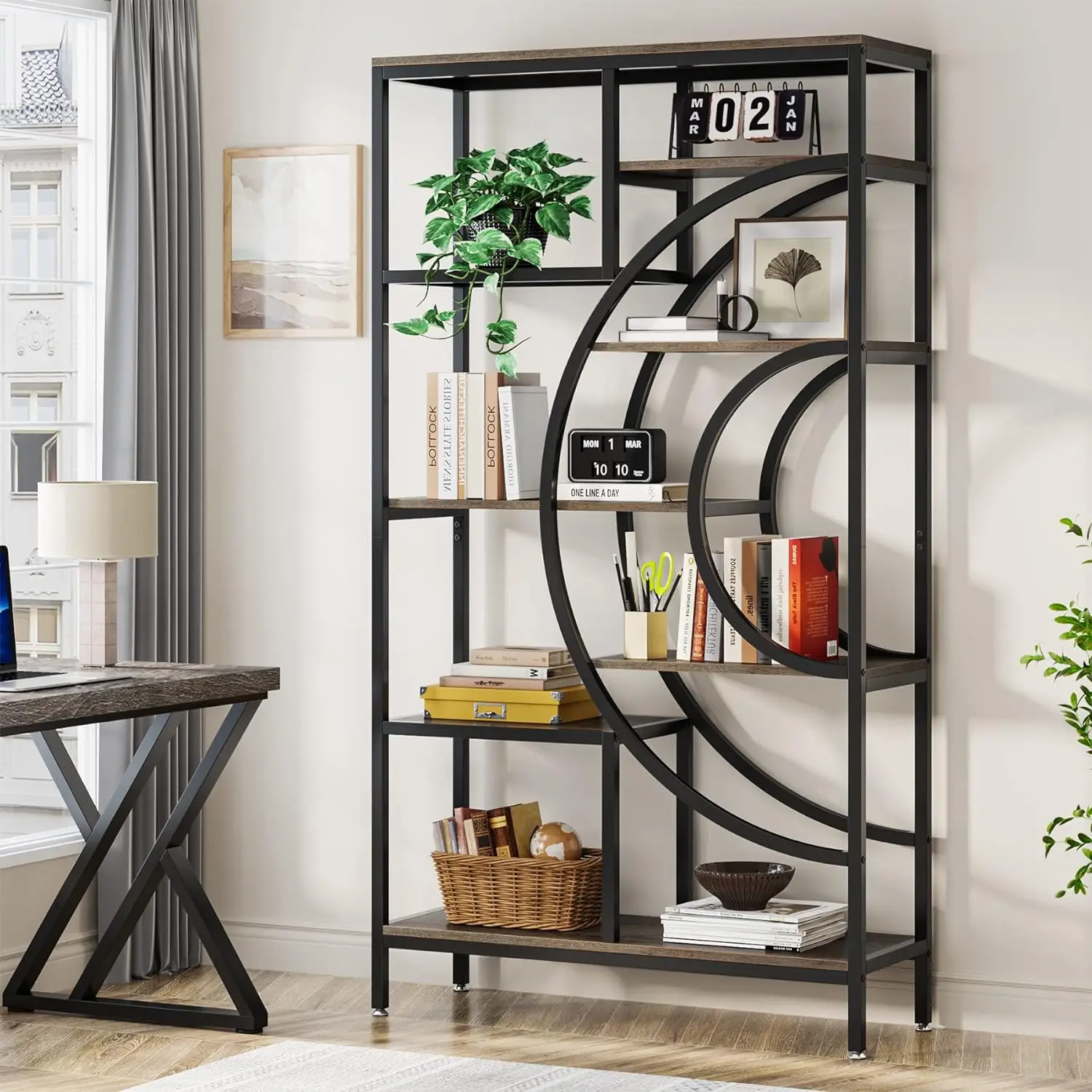 Tribesigns Industrial Bookshelf, Etagere Bookcase Free Standing Open Book Shelves Storage Display Shelf, Wood Shelving Units Organizer Rack for Bedroo
