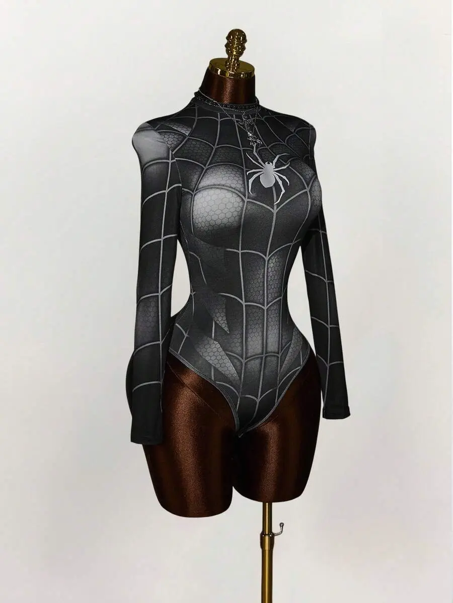 Y2K Women's Spider Print Long Sleeve Stand Collar Bodysuit Dark Fashion Style Spiderweb Bodysuit Casual Everyday Wear