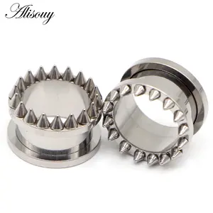 Alisouy Pair Screw Fit Stainless Steel Flesh Ear Tunnels Plugs Gauges Earrings - Spikes body piercing jewelry