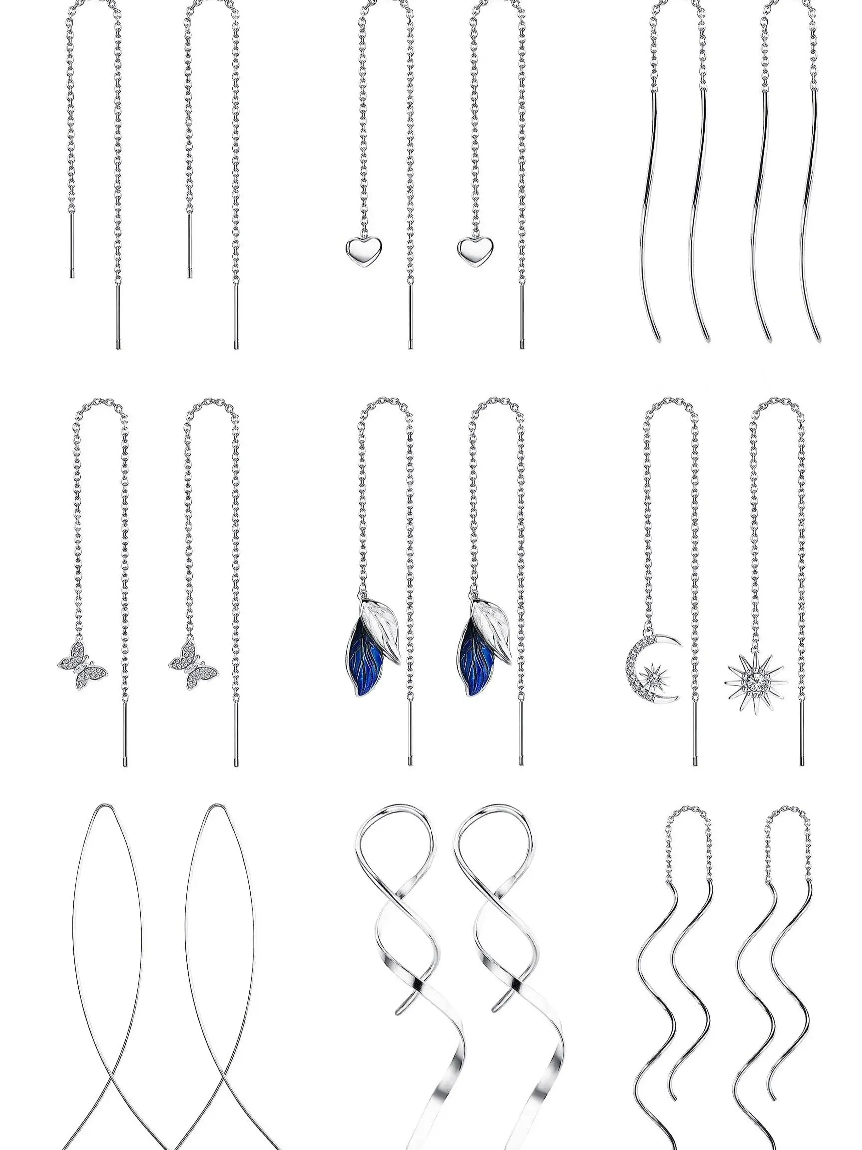 ORAZIO 9 Pairs Threader Earrings for Women Stainless Steel Chain Tassel Earrings Lightweight Double Twist Wave Heart Moon Leaf Design Minimalist Long Chain Earrings Set