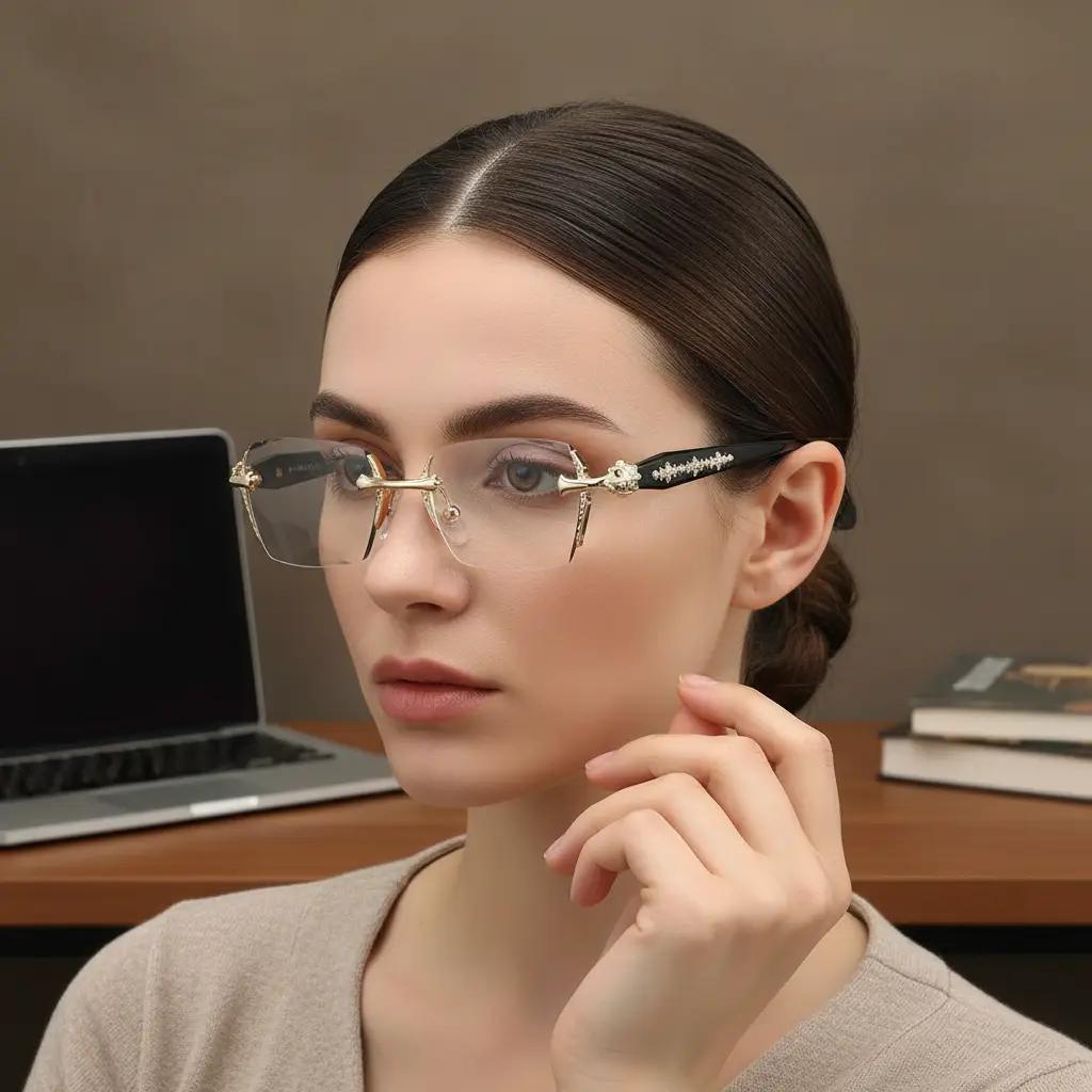 Frameless HD Vision Glasses with Clear Lenses Diamond-Cut Edges Fashion Metal Temple Decor for Computer Street Style Party Unisex Women Men Daily Spring Statements Lightweight