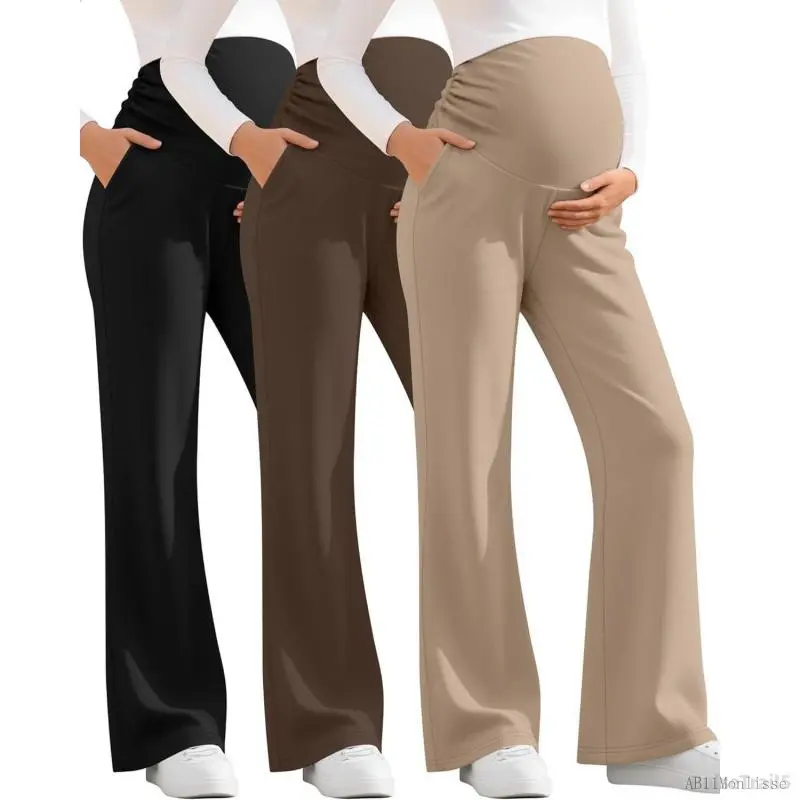 3-Pack Maternity Sweatpants for Pregnant Women, Casual Bootcut Over-The-Belly Pants with Pockets, Black, Coffee, Army Green, Bootcut Sweatpants, Black, Brown, Khaki, Comfy, Pregnancy
