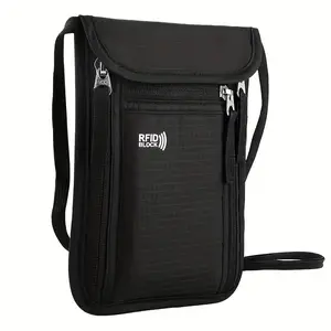 1pc RFID Blocking Multifunctional Passport Holder, Anti-Theft Neck Pouch with Adjustable Shoulder Strap, Zippered Polyester Commute Style Unlined Passport Case with Drawstring Closure