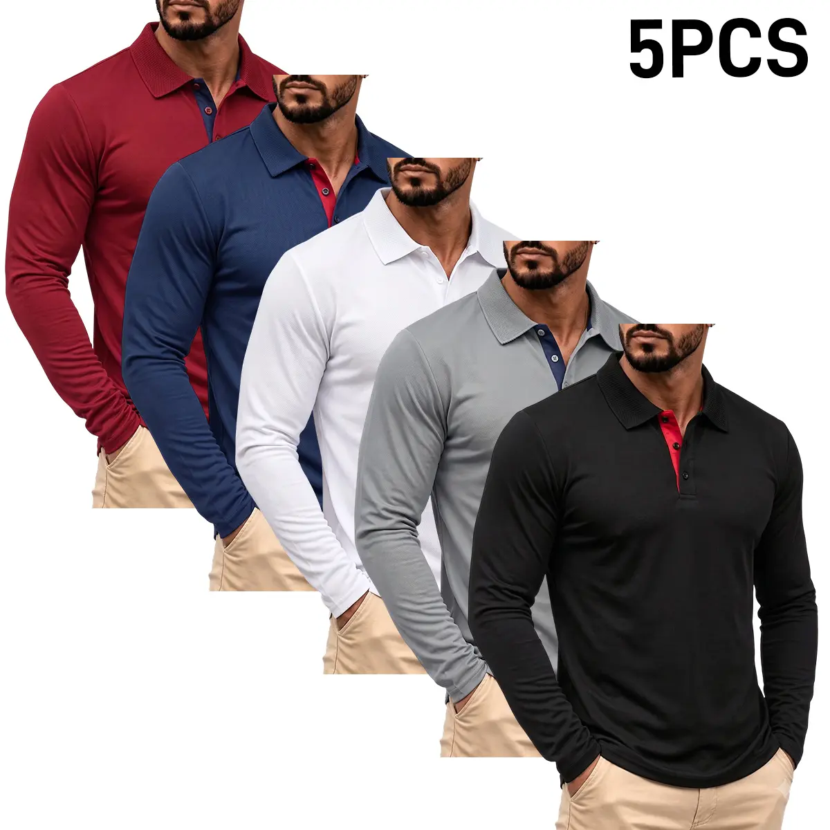5PCS Men’s Casual Long-Sleeve Quick-Dry Polo Shirts, suitable for golf and tennis; cycling apparel is comfortable and stylish, featuring fashionable color-block designs at the collar and cuffs.Brand new polo shirt design, Summerwins, Father’s Day gift