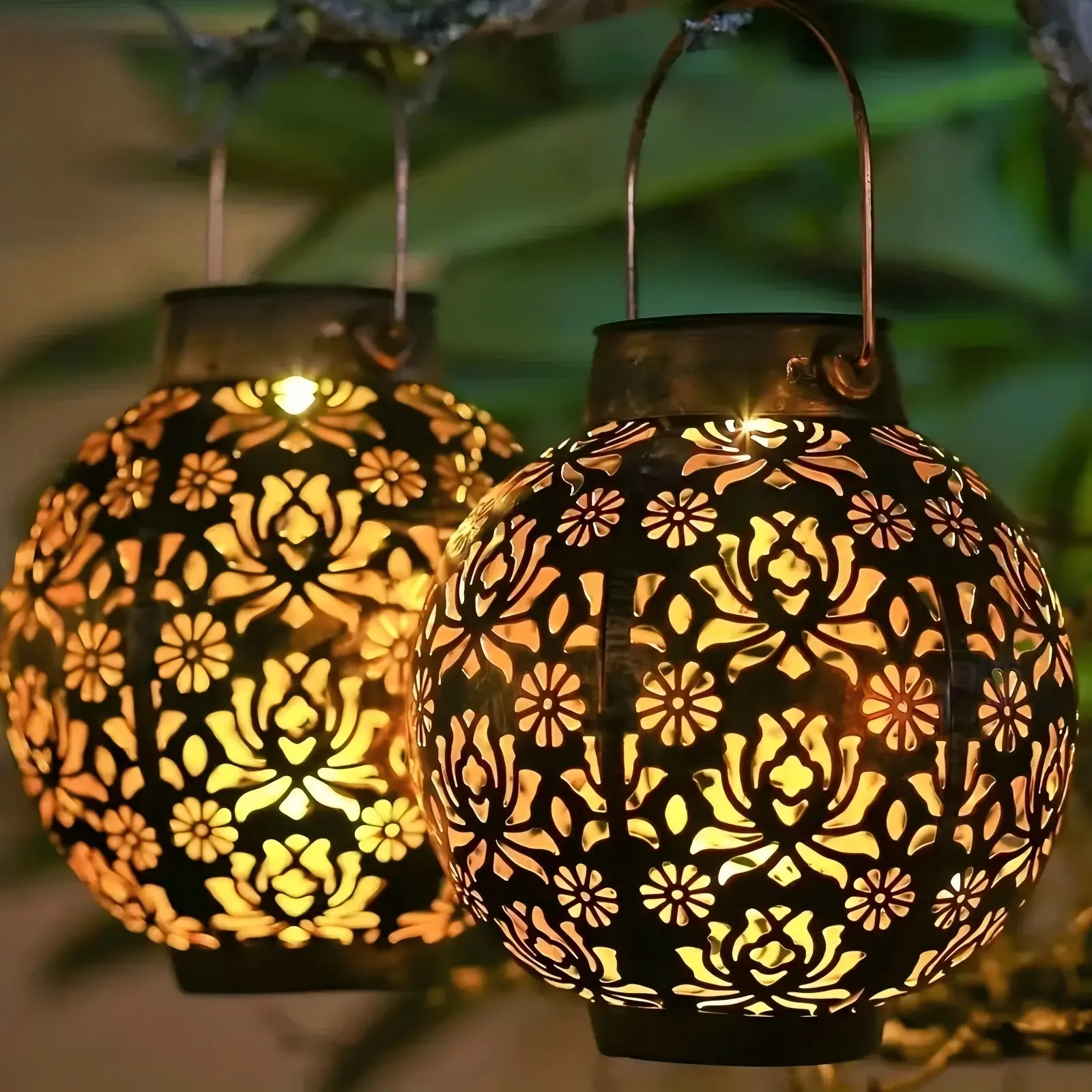 2-Pack Solar Hanging Lanterns, Metal Outdoor Warm Glow Decorative Lights for Garden, Patio, Outdoor Pathway Decor
