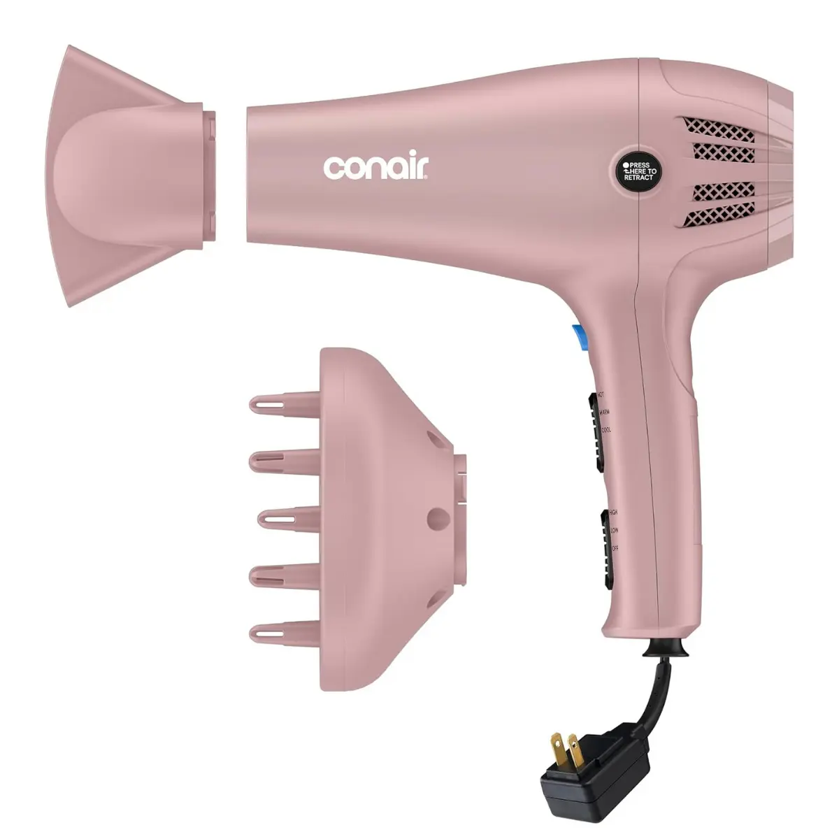 Conair Ionic Tourmaline Hair Dryer - 1875W Matte Blush Pink, Includes Diffuser & Concentrator, 3 Heat Settings, 2 Speed Options for All Hair Types