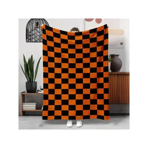 1pc Orange And Black Checkered Blanket With Alternating Squares, Suitable Sofa Bed Office Gym Nap Throw, Outdoor Camping Travel Cover, Large Soft Comfortable Blanket