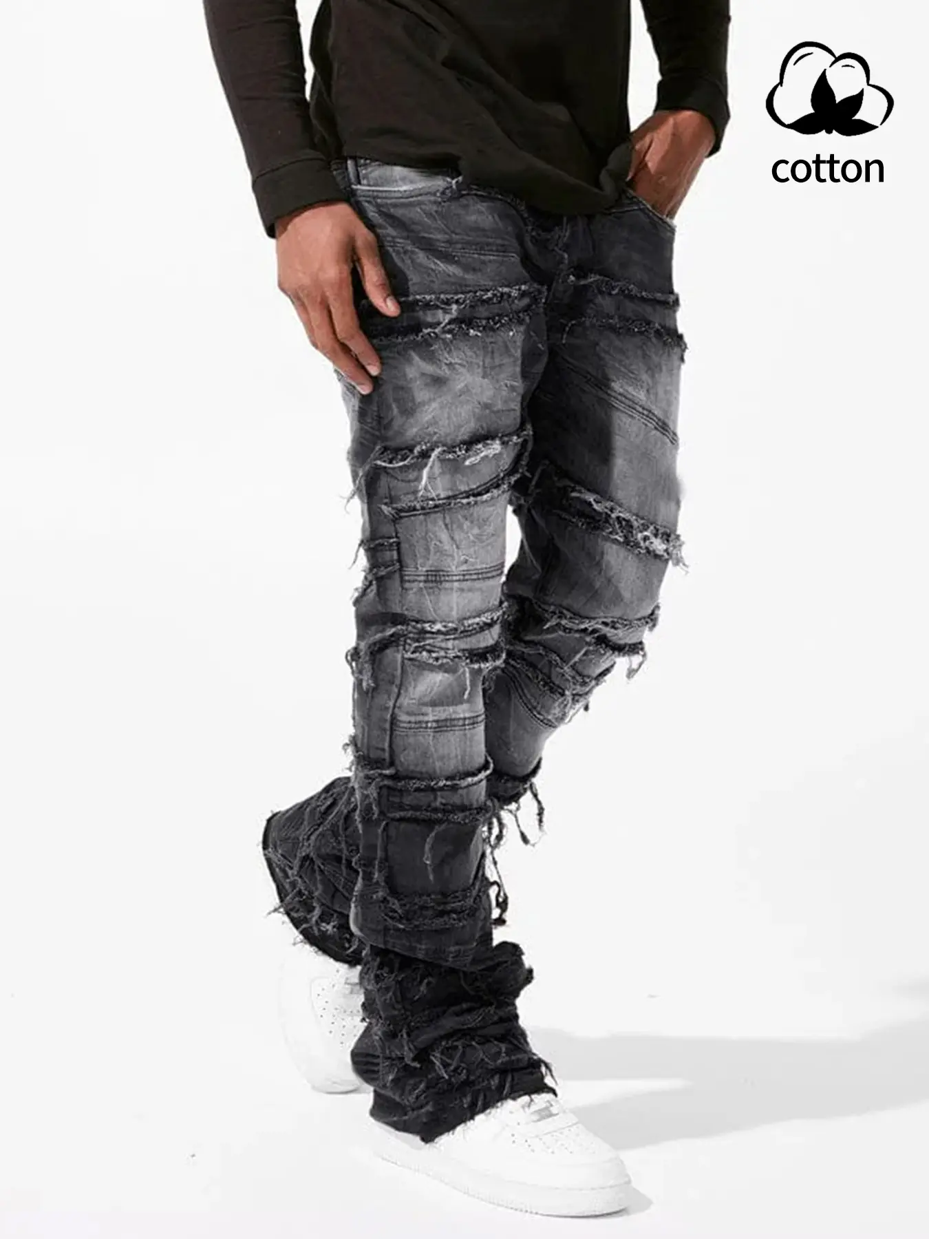 Fashionable new men’s denim jeans with tassels; blue stacked tapered slim-fit jeans with a slight flare; stretchy skinny denim jeans  Embellished Streetwear Pants