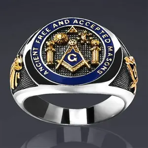 Men's Chunky Statement Ring, Avant-garde Masonic Band in Gold Plated Stainless Steel with Blue Enamel, 20mm Exquisite Party Jewelry, Decorated Ring