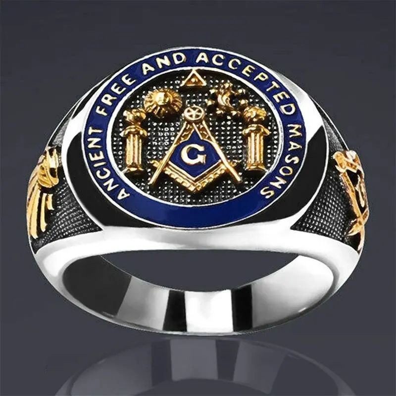 Men's Gold Plated Stainless Steel Chunky Masonic Ring - 20mm Avant-Garde Engraved Masons Band with Blue Enamel, Party Costume Jewelry, Gold Plated Rings, Graduation