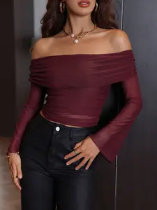 Mesh Off Shoulder Long Sleeve T-Shirt With Cutout Detail For Women Casual Daily Wear Fall