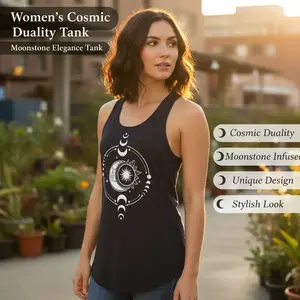 Lady's Cosmic Duality Printed Cotton Tank Top for Women, Round Neck, Infused with Moonstone Crystal
