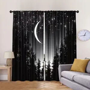 2-piece set of Starry Night Forest and Moon Printed Curtains, made of semi transparent polyester fabric with easy to hang pole mouth design, ideal for home decoration, modern style, Window Curtain
