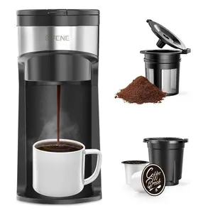 SIFENE Mini Coffee Maker Single Serve, One Cup for K Pod & Ground Coffee, Capsule Coffee Machine with Water Window and Descaling Reminder (Black)