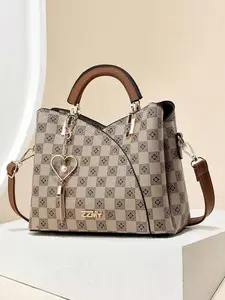 Classic Plaid Bucket Bag with Heart Pendant, Versatile Handbag for Women, Stylish and Practical Accessory, Perfect for Everyday Use